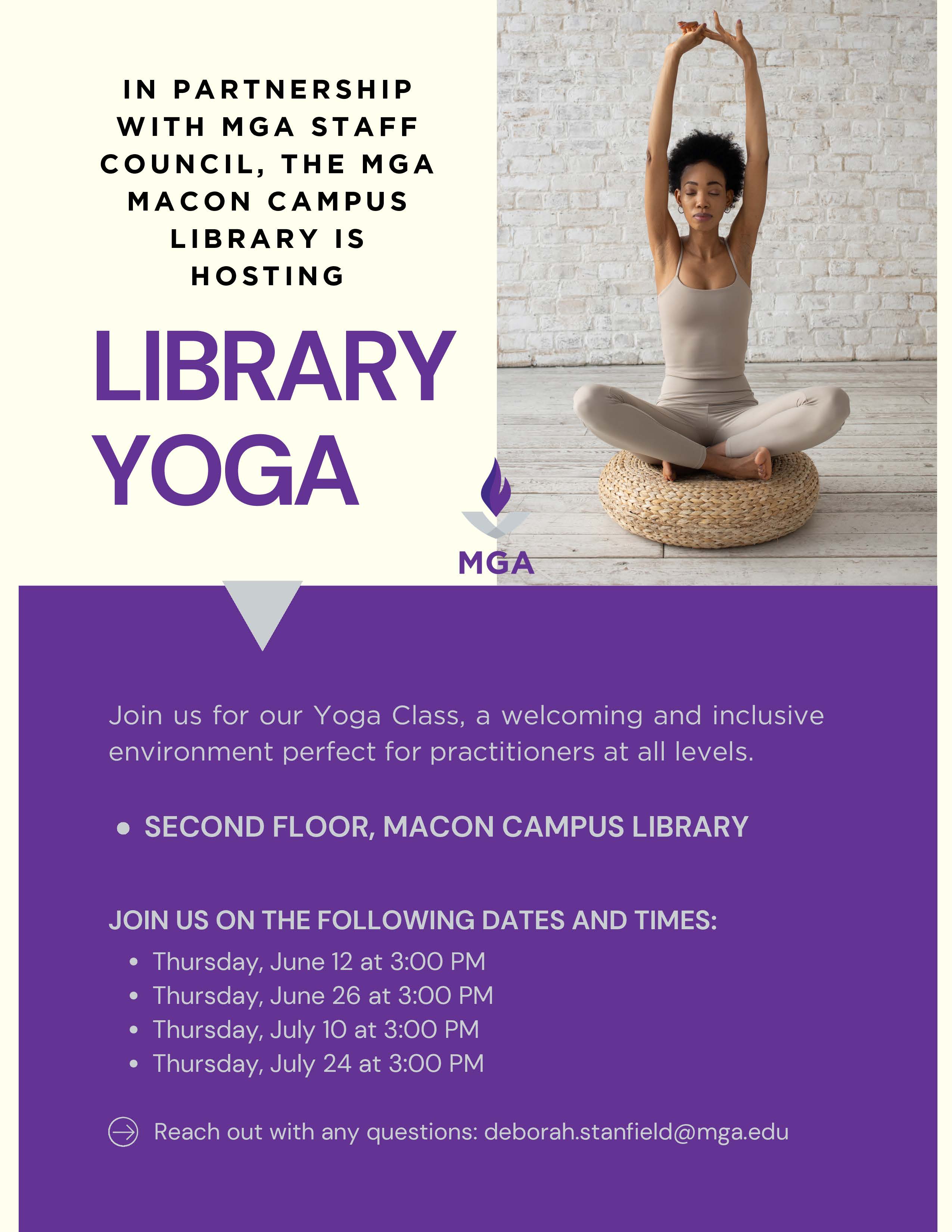 In partnership with MGA Staff Council, the Macon Campus Library is hosting Library Yoga!